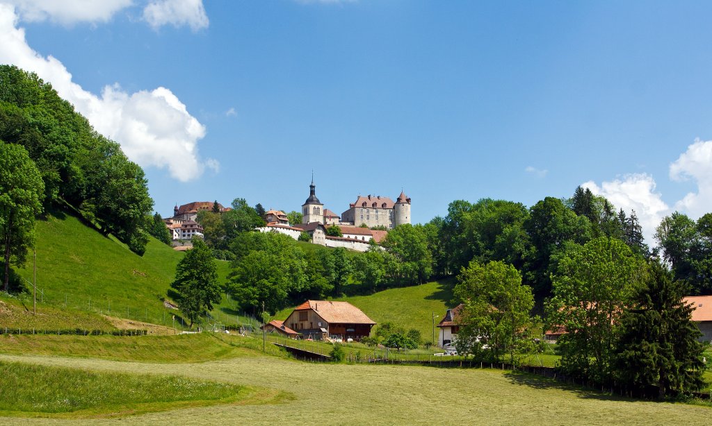 Blick auf Gruy�res (Kanton Fribourg) am 28.05.2012, aus dem Zug von Bulle nach Montbovon.
