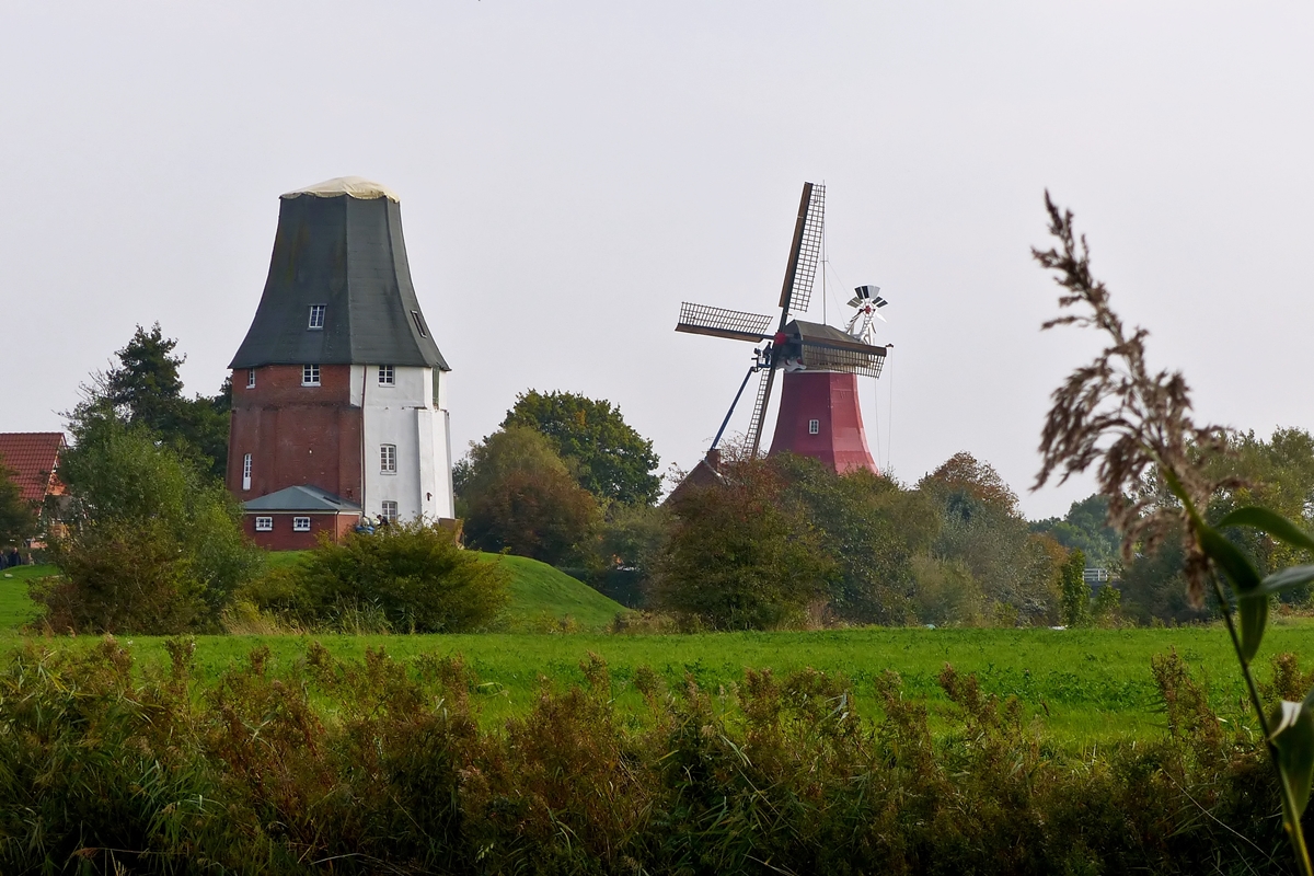 . Das Wahrzeichen von Greetsiel, die Zwillingsm�hlen. 06.10.2014 (Jeanny)

Es handelt sich um zwei Holl�nderwindm�hlen. Sie stehen im Abstand von etwa 130 Metern am Ortseingang �stlich vom alten Greetsieler Sieltief. Die gr�ne, westliche M�hle stammt aus dem Jahr 1856, die rote, �stliche M�hle (Schoof’s M�hle) wurde 1706 gebaut und kann besichtigt werden.

Am 28. Oktober 2013 besch�digte der Orkan Christian die gr�ne M�hle schwer. Der Sturm riss Fl�gel und Kappe der M�hle ab, auch die Galerie sowie Teile des Mauerwerks wurden besch�digt.

