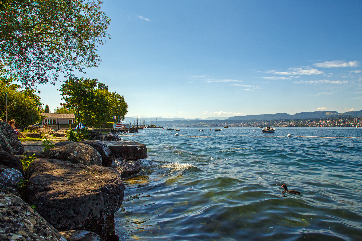 
Blick über den Zürichsee bei Zürich-Tiefenbrunnen am 07.06.2014. 
Hier sind es über 30 Grad im Schatten und in der Ferne auf den Gipfeln der Alpen liegt noch der Schnee.