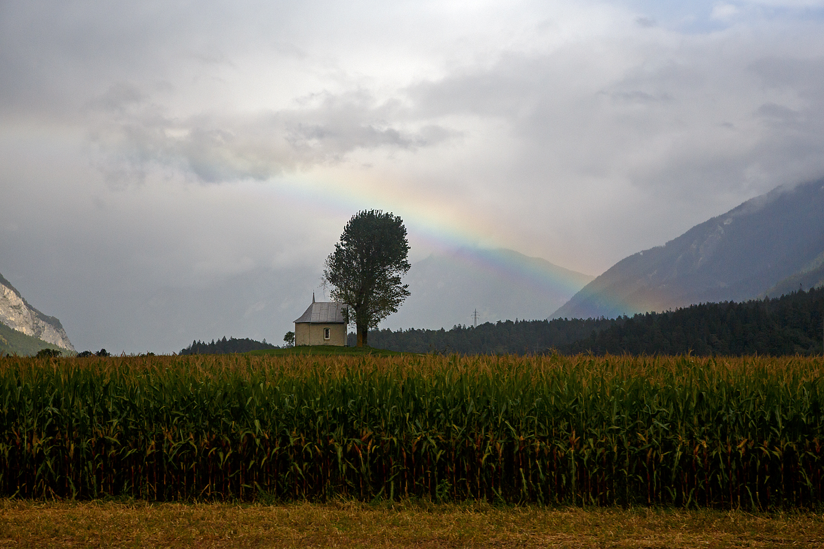 Regenbogen über der kleinen Baselgia Sogn Mang bei Bonaduz (Churer Rheintal) am 12.09.2017 aus einem RhB-Zug heraus fotografiert.

Die kleine Feldkapelle Sogn Mang auf der Bonaduzer Terrasse wurde 1773 erbaut und 1993 restauriert. Sie ist dem heiligen Magnus (romanisch: Sogn Mang) geweiht und gehört zur kath. Pfarrei Mariä Himmelfahrt Bonaduz. Die besondere Lage auf dem offenen Feld mit den beiden mächtigen Pappeln lädt zum Verweilen ein.
