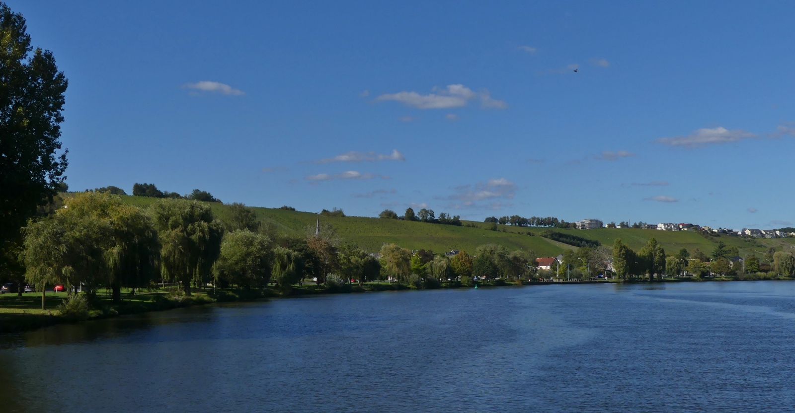 Ausflug auf der Mosel. Blick �ber die Mosel auf die luxemburgische Seite nahe Bech – Kleinmacher auf die Weinberge. 09.2023
